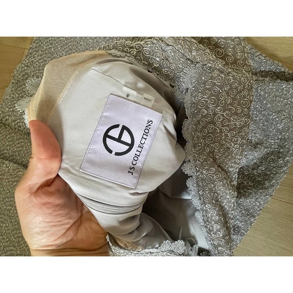 NWT JS Collections Metallic Scalloped Evening Dress maxi Long Sleeves Size 8 - Picture 7 of 9